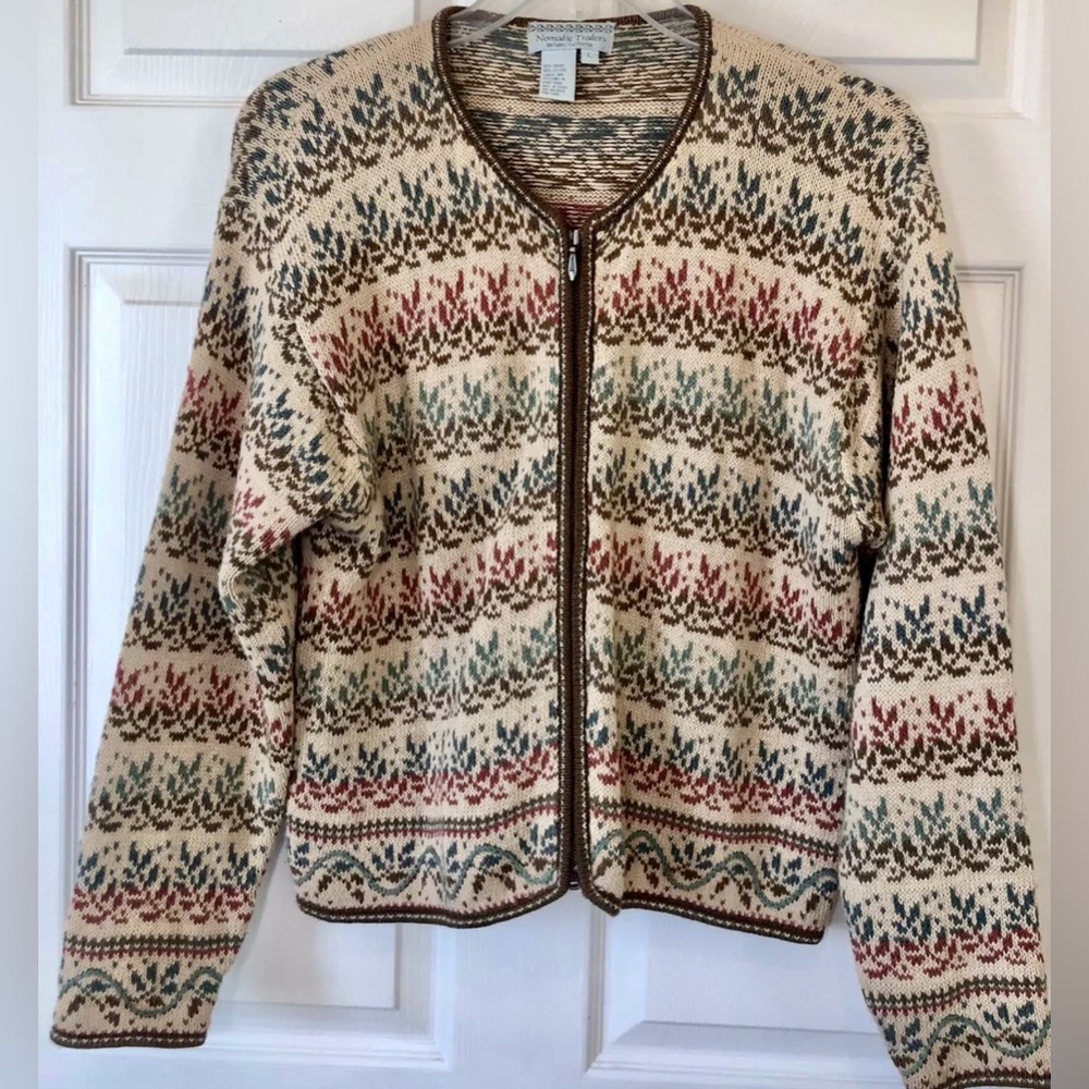 Vtg Nomadic Traders Zip Front Cardigan Floral Leaf Pattern Cotton Size Large